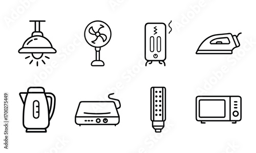 Minimal Line Icons of Home Appliances – Electric Kettle, Induction Cooker, Water Heater, Microwave Oven, Refrigerator, Street Lamp, Table Lamp, and Washing Machine Vector Set for Household, Kitchen, a
