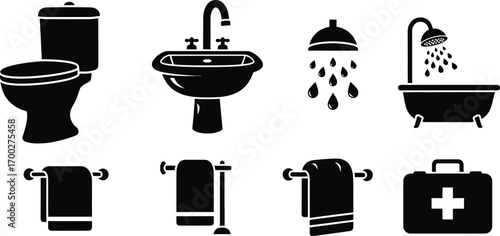 Toilet icons set, symbols with water closet, faucet sink, shower, bathtub, towel, first aid editable vector illustration