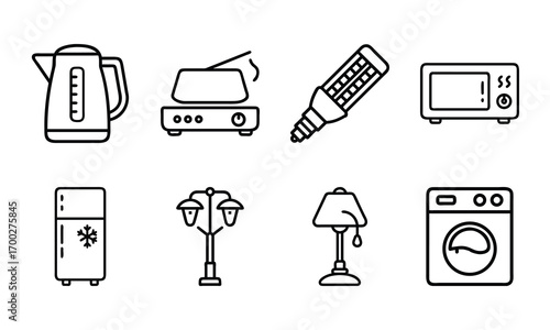 Minimal Line Icons of Home Appliances – Electric Kettle, Induction Cooker, Water Heater, Microwave Oven, Refrigerator, Street Lamp, Table Lamp, and Washing Machine Vector Set for Household, Kitchen, a