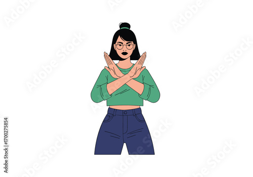 Woman making a stop or rejection gesture with crossed arms and hands held up