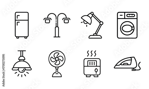 Minimal Line Icons of Home Appliances – Electric Kettle, Induction Cooker, Water Heater, Microwave Oven, Refrigerator, Street Lamp, Table Lamp, and Washing Machine Vector Set for Household, Kitchen, a