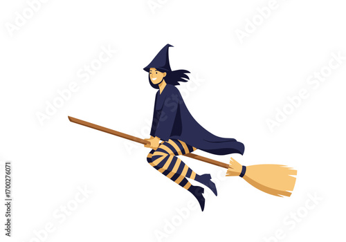 A young witch flying on her broomstick through the night sky