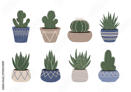 Eight pixel art styled potted succulent plants in various pots