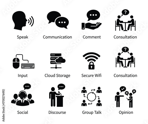 Black and White Communication Icons Set, Speak, Comment, Consultation, Input Vector Illustration