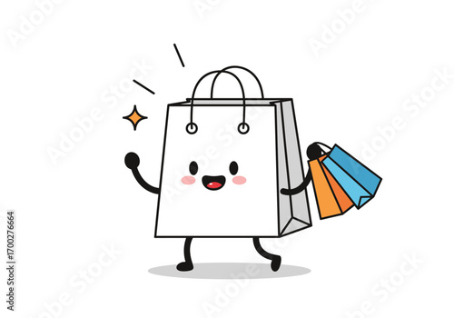 Happy shopping bag character enjoying a day of retail therapy
