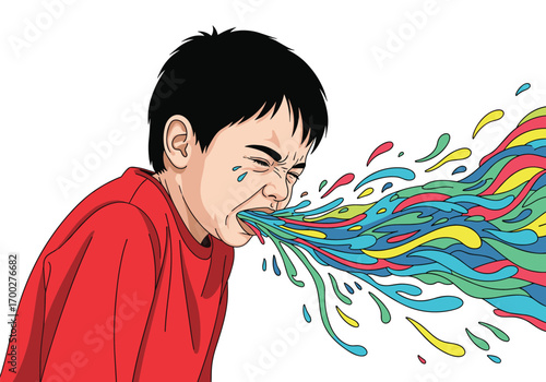 Young boy expelling colorful fluid in artistic expression of emotion