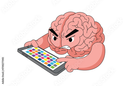 Angry brain frustrated by excessive smartphone use causing mental strain