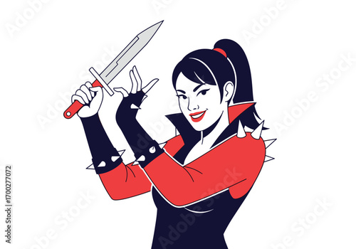 A fierce woman with a dagger ready to fight