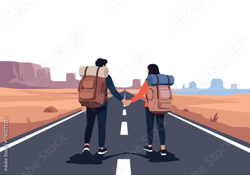 Couple holding hands walking down a long desert road with backpacks