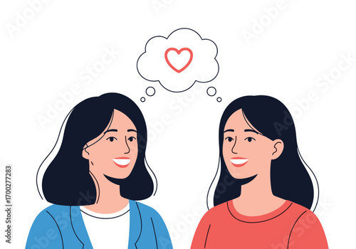 Two women sharing a thought bubble with a heart indicating love or affection