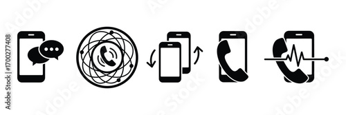 Call Icons Set, Black Silhouette, Phone Communication, Smartphone Icons Vector Illustration