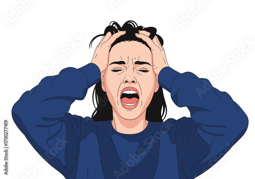 Frustrated young woman gripping head in despair overwhelming emotion