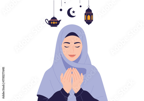 Muslim woman praying during ramadan with islamic symbols above her head