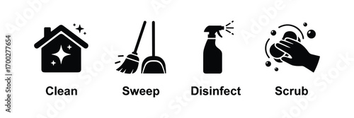 Cleaning Icons Set, House Cleaning, Broom, Spray, Scrub Vector Illustration