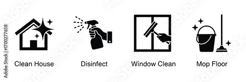 Cleaning Icons Set: Clean House, Disinfect, Window Cleaning, and Mopping Floor Vector Illustration