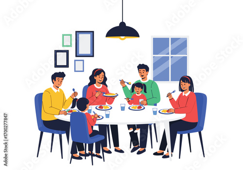 A happy family enjoys a delicious meal together around the dining table