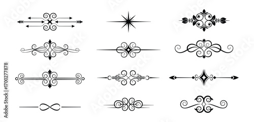 Collection of Black Ornate Dividers Vector Illustration, Decorative Floral Design Elements
