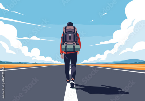 Lone traveler walking down a long open road under a sunny sky