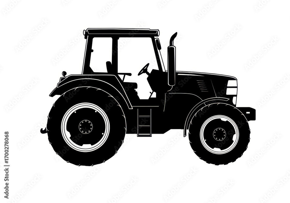 Obraz premium A farming tractor in side view, depicted in silhouette. 