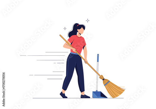 Young woman sweeping floor with broom dustpan cleaning housekeeping service