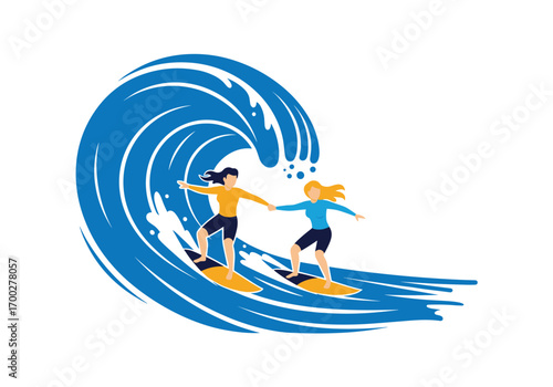 Two people surfing a large blue wave holding hands together