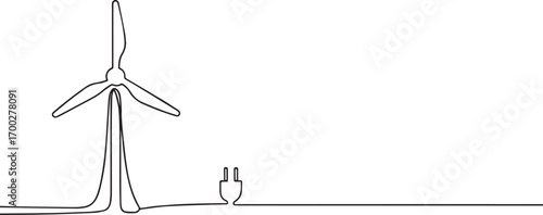 Wind turbine one continuous line art, Vector illustration, One line art, Line art graphic style
