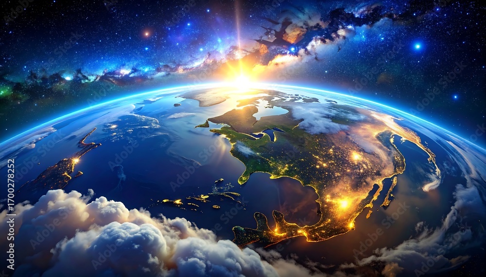 Fototapeta premium A breathtaking aerial view of Earth, showcasing continents, illuminated city lights, and a vibrant sunrise over the horizon.