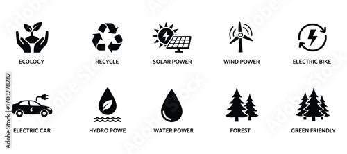 Ecology and Renewable Energy Icons Set Black Symbols Vector Illustration