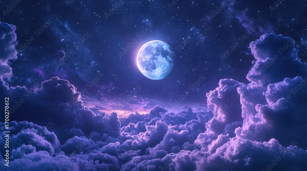 Fototapeta premium A serene night sky featuring a luminous moon surrounded by vibrant, fluffy clouds and a starry backdrop in shades of purple.