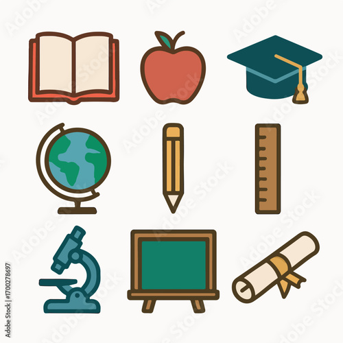 Education icons book, apple, cap, globe, pencil, ruler, microscope, board, diploma