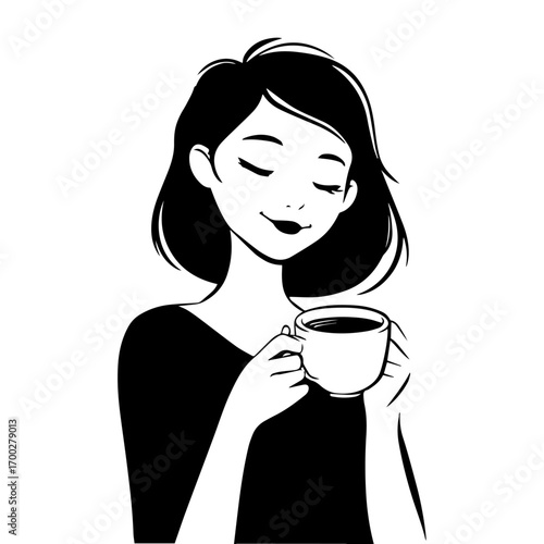 Cute girl smiling enjoy her coffee. Hand drawn style vector illustrations.