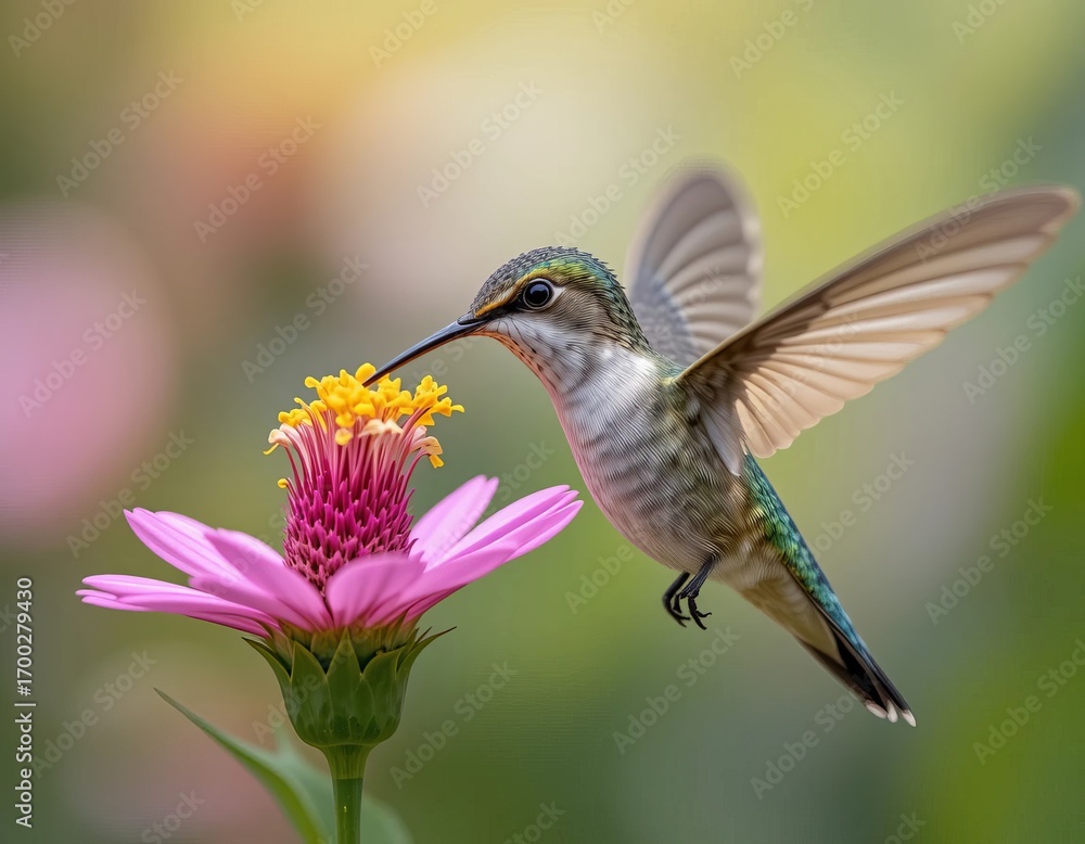 Fototapeta premium Tiny hummingbird sips nectar from a vibrant pink flower, wings blurred in motion.