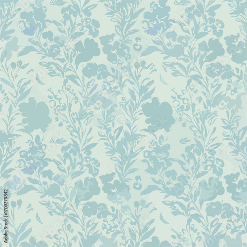Light Blue Floral Pattern with Textured Details and Botanical Elements, seamless pattern, Stock royalty free image.
