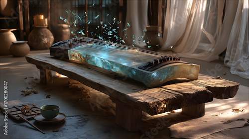 Chinese Dynasty: Wei-Jin & Southern-Northern Dynasties - Metaphysical Discussion: Qin & Se, Light Brown Table, Seven-String Qin, Gray Se, Bamboo Leaf Particles, Bamboo Scroll
