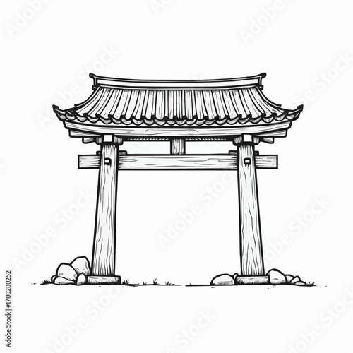 Line art vector illustration of detailed shrine entrance with wood grain  