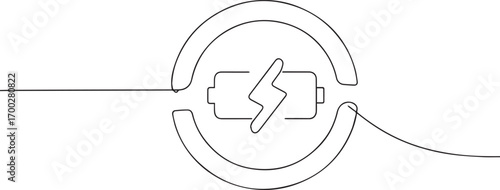battery charging one continuous line art, Vector illustration, One line art, Line art graphic style.