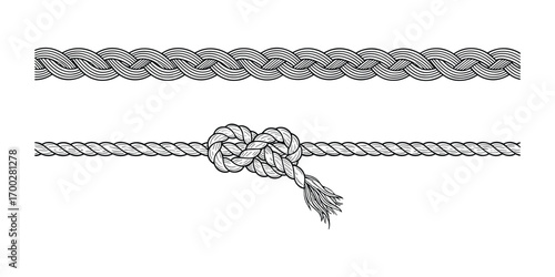 Two Ropes Illustration, Braided Border and Knot, Black and White Texture, Vector Illustration