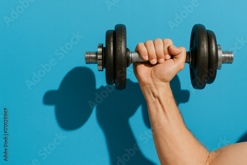 Hand Holding Dumbbell on Blue Background – Fitness and Gym Stock Photo