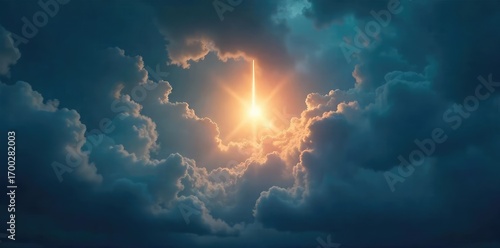 A single, ethereal light illuminates a dark, stormy sky, symbolizing hope and spiritual deliverance A feeling of peace and transcendence pervades the image , sacred, freedom, escape