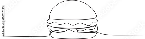 Burger one continuous line art, Vector illustration, One line art, Line art graphic style.