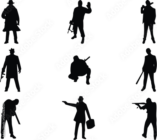 Action silhouette collection, black armed icons, tactical poses, weapon stance, vector illustration, crime scene, law enforcement, character design
