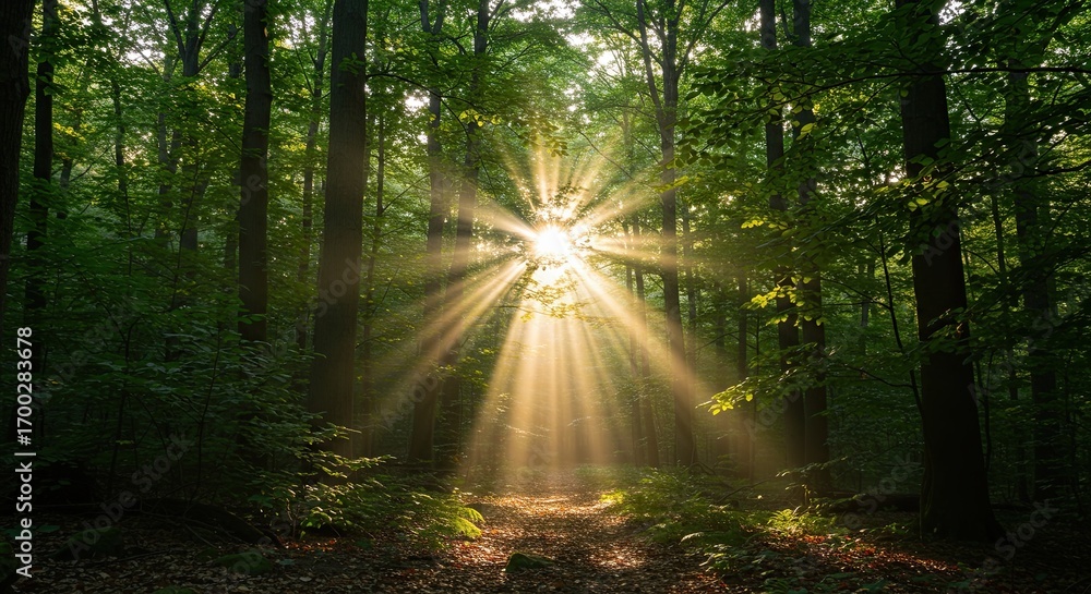 Obraz premium Sunlight Bursting Through Green Forest Canopy Background