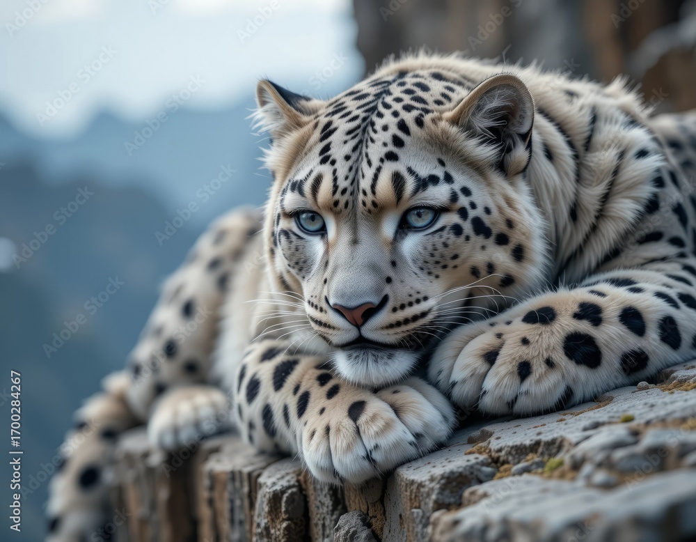 Fototapeta premium Majestic snow leopard with striking blue eyes rests peacefully on a rocky mountain perch.