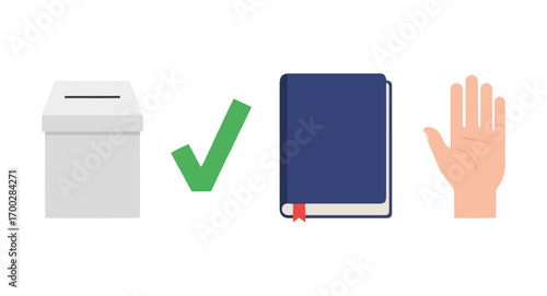 Voting box, check mark, and raised hand, representing voting, approval, and participation in an election.