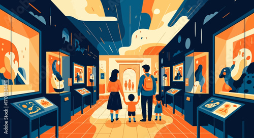 A family with two children explores a natural history museum with various exhibits in a modern, colorful illustration style.