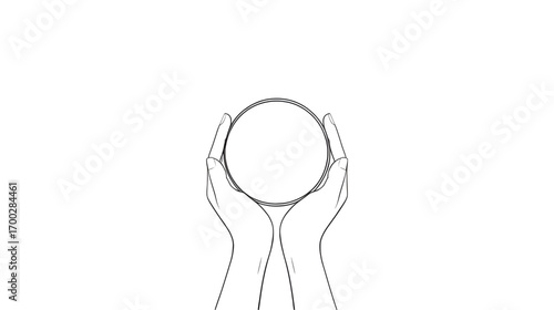 Minimalist line art of cupped hands holding a clear sphere, a concept of care, magic, and the future