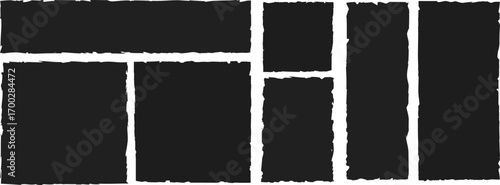 Vector set of ripped paper pieces. Black jagged rectangle frames, scrap silhouettes, grunge texture shapes for collage, sticker, banner, label. Isolated on white background	