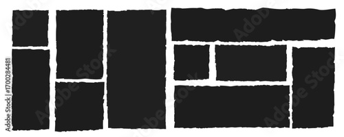 Set of black torn paper shapes with jagged edges. Ripped rectangle frames, grunge textured elements for collage, sticker, banner, text box. Vector silhouettes isolated on white background