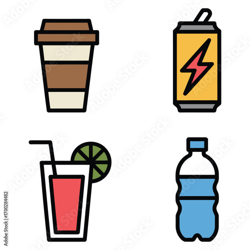 Drinks Collection Icon Set Including Coffee Energy Drink Cocktail and Water Bottle on White Background