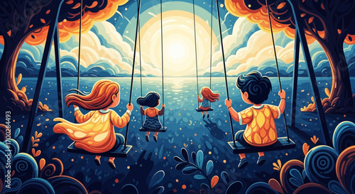 Children on swings by the sea at sunset in a whimsical, colorful storybook illustration.
